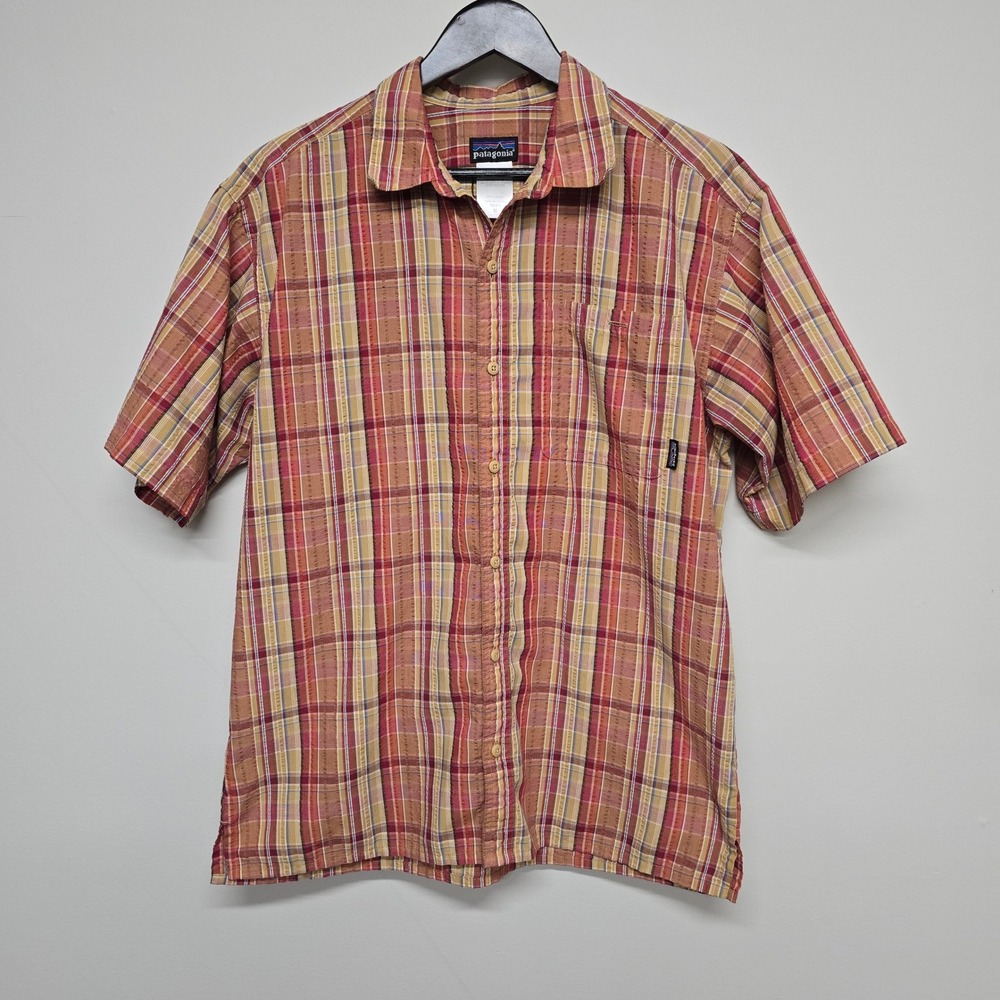 Patagonia Plaid Button Down Shirt Mens M Red Orange Cotton Blend Pocket Gorpcore